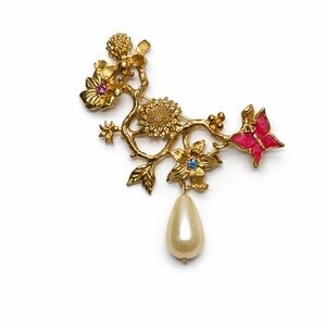Avon Gold Floral Brooch with Pink and Blue Accents